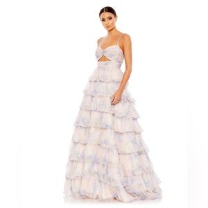 Mac Duggal FLORAL CUT OUT RUFFLE LAYERED GOWN